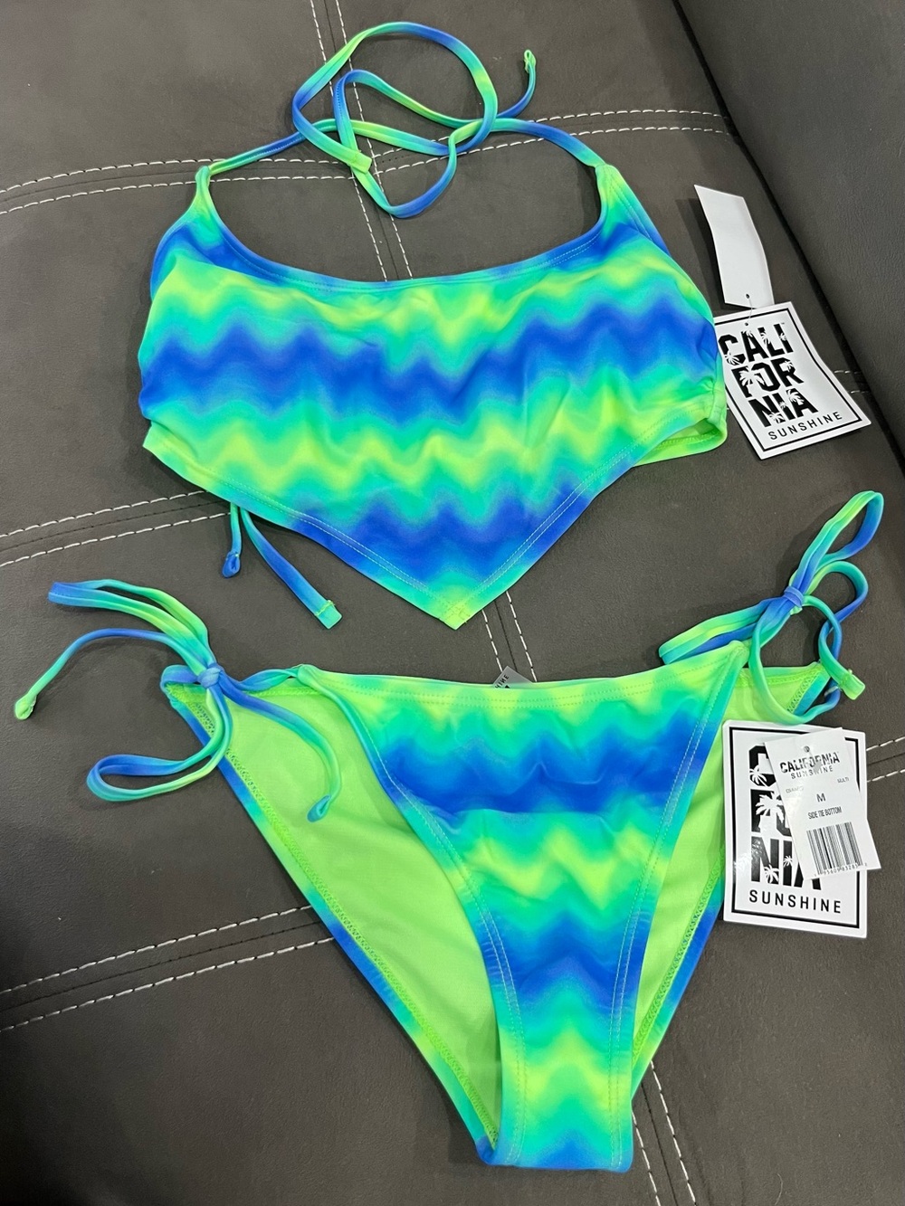 California Sunshine Women's Green & Blue Tie Bikini Set
